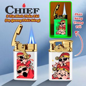 HỘP QUẸT BẬT LỬA CHIEF GA KHÒ 2 TIA HÌNH THẦN TÀI DẠ QUANG PHÁT SÁNG TRONG ĐÊM