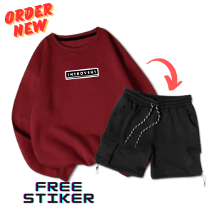 Oneset Stelan Sweater & Celana Pendek Cargo Fleece Bahan Lembut Adem One Set 1 Stel CrewNeck Pria/Wanita Introvert New Premium Katun Fleece 280gsm