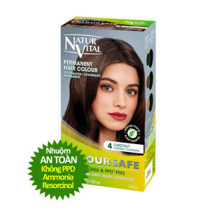 [Màu hạt dẻ N.4] Gel nhuộm phủ bạcdưỡng tóc an toàn Naturvital Colour Safe không PPD Ammonia-bổ sung các chiết xuất thực vật được chứng nhận organic như hoa hướng dương lô hội và keratin thực vật giúp dưỡng tóc mềm mượt khỏe mạnh.