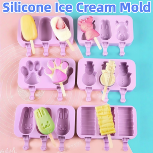 Silicone Ice Cream Mold with Lid 3 Grids Rabbit/Oval Popsicle Ice Pop Maker Mould Kitchen Accessories Ice Cream Mold with Cover DIY Homemade Ice Cream Mold