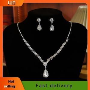 HB 1Set Bridal Necklace Earrings Water Drop-shaped Rhinestone Jewelry Style Sparkling Jewelry Set For Wedding Party Gift