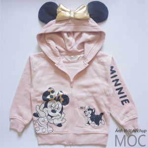 (13-16kg) Áo khoác bé gái nỉ bông mũ tai chuột Minnie màu hồng nhạt xuất dư ảnh thật (Akbghm)