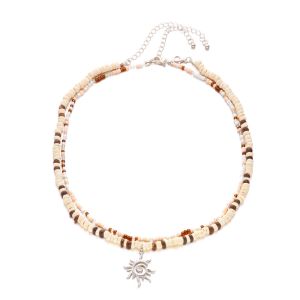 FZIPUA 2 Pieces Set Handmade Boho Coconut Wood Beads Necklace Double-layer Vintage Rice Beads Necklace Elegant Adjustable Length Sun Pendant Necklace For Men and Women