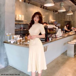 MyDu Shop | Đầm Dự Tiệc MS 2435 – Dáng Xòe Nữ Tính Tay Dún Nhẹ Đính Hoa Hồng Trước Ngực