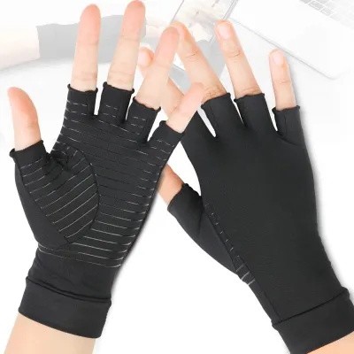 1 Pair Copper Arthritis Compression Gloves Relieve Hand Pain Swelling and Carpal Tunnel Fingerless for Typing Support for Joints Sports