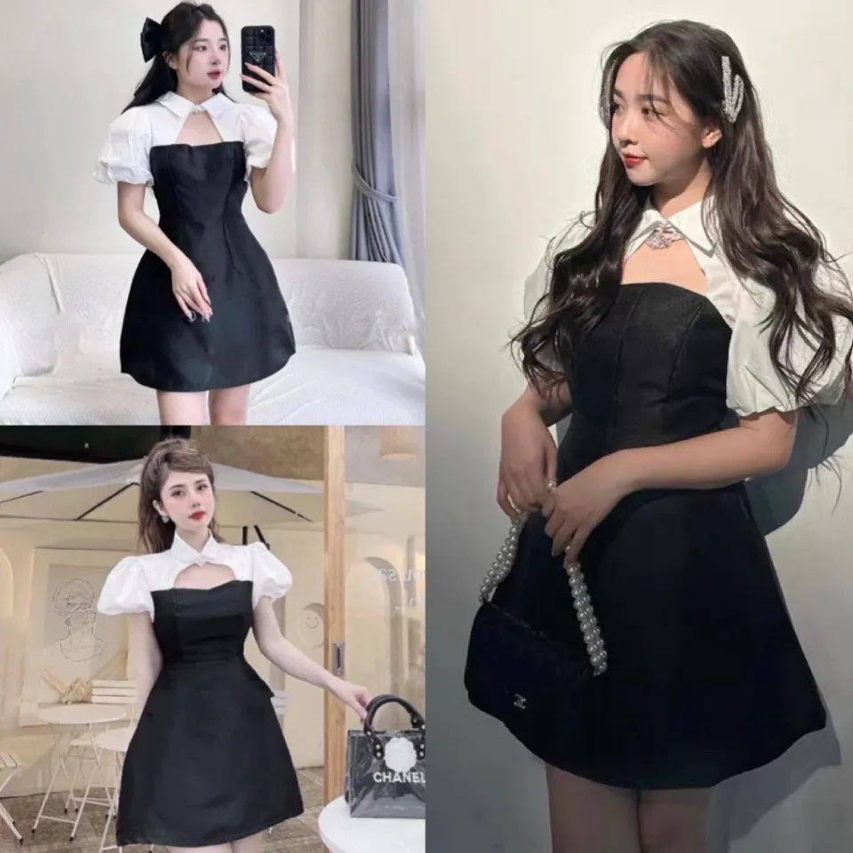 Váy trễ vai EMIX đầm ulzzang dáng xòe freesize dưới 55kg tay bồng chất thô  boil dáng ngắn mini 250 - MixASale