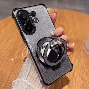 For Vivo V60 5G 2025 Plating Glitter Mirror Holder Silicone Shockproof Case For Vivo V60 VIVO V 60 VivoV60 V60Pro V60E 60V Pro Lite 5G 4G 2025 Magnetic Stand Back Cover