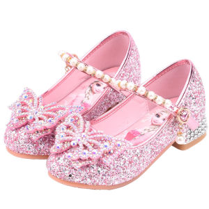 Princess Kids Leather Shoes for Girls Flower Casual Glitter Children High Heel Girls Shoes Butterfly Knot Blue Pink Silver