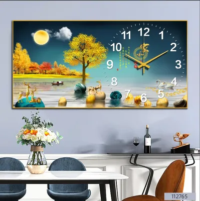 Đồng hồ tráng gương 5D hươu phong thủy đồng hồ kim trôi tặng pin đinh móc treo