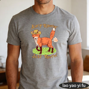 [Local Stock] HBESTY  Ain’t Rootin Just Tootin Cowboy Fox Retro Text Men Summer Cotton T Shirt Funny Western Animal Graphic Casual Holiday Wear Tee
