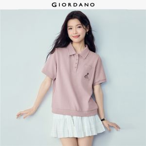 GIORDANO Women Polo Shirts 100% Cotton Cat Embroidered Pocket Polo Shirts Short Sleeve Fashionable Casual Polo Shirts 13316206