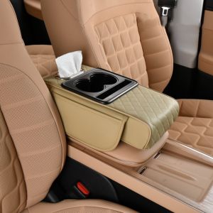 QINJUE Portable Center Console Armrest Cushion Multifunctional Height Increasing Cup Holder Durable PU Leather Tissue Box Car