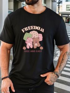 Mens 100% Cotton Printed T-Shirt Free Bear Pattern Summer Casual Oversized Round Neck Short Sleeve Comfortable Daily Wear Tee