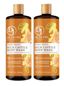 Dr Jacobs Naturals ORANGE & GINGER CASTILE BODY WASH 32oz Twin Pack (2 x 946ml bundle) - Made in USA - Orange and ginger essential oils work together to create a clean and invigorating scent -  help in reducing acne breakouts speed the healing of wounds