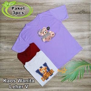 (3pcs) Kaos Oblong V-Neck Wanita / Baju Atasan Wanita Dewasa Leher V