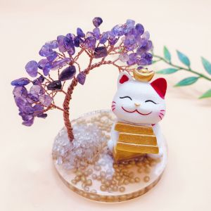 Natural amethyst fortune cat fortune tree ornament home opening desktop ornament cute small gift天然水晶招财猫发财树摆件 家居 开业 桌面摆件