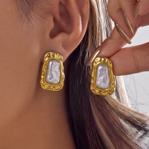 Stainless Steel Gold Tone Irregular Baroque Pearl Earrings Waterdrop Shape Women Vintage Fashion Jewelry Gift