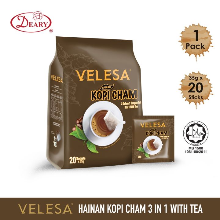 VELESA Hainan Kopi Cham 3 In 1 With Teh Kopi + Teh Segera 海南咖啡茶 (35g x 20 Sachets x 1 Pack)