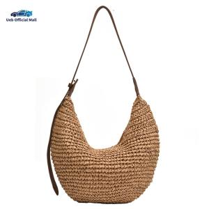 Ueb Official Mall ✪ Women Straw Woven Half Moon Bag Zipper Closure Simple Solid for Travel Vacation