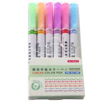 6Pcs/set of Creative Linear Fluorescent Pens Multi-color Roller Curve Pens Hand Reading Design Special Marker Pens