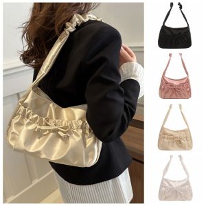 R3LRW0X Bow Pleated Hand Bag Satin Korean Style INS Shoulder Bag Simple Portable Fashion Underarm Bag Girls