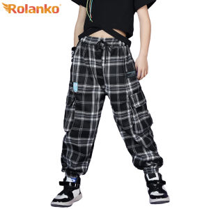 Rolanko ชุดเต้นรำสำหรับเด็กผู้ชายเด็กผู้หญิงกางเกงขายาวลายสก็อตสีขาวดำชุดเต้นรำกางเกงขายาวลำลองกางเกงขาจั๊มสินค้าที่บรรทุกฮิปฮอปสวมใส่ทุกวันเอวยางยืดทรงหลวมอายุ4-14ปี