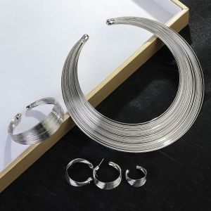 THANKSKY Nhẫn đeo ngón tay Bộ trang sức dây kim loại nhiều lớp Phong cách Hàn Quốc Bông tai Vòng cổ phóng đại Khí chất Hợp kim Đám cưới
