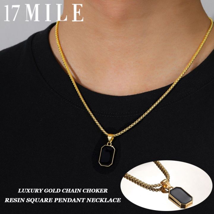 17MILE Resin Square Pendant Necklace for Men Luxury Gold Chain