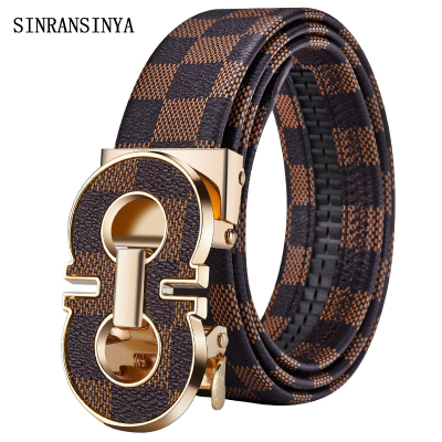 SINRANSINYA丨Stylish Men's Automatic Buckle Belt with Letter M Design, Gold Finish, PU Leather, 120cm Length