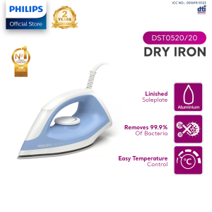 PHILIPS Dry Iron DST0520-20 - Non-stick Soleplate Temperature Control 1200 W Power 1.6m Cord Kills 99.9% of Bacteria