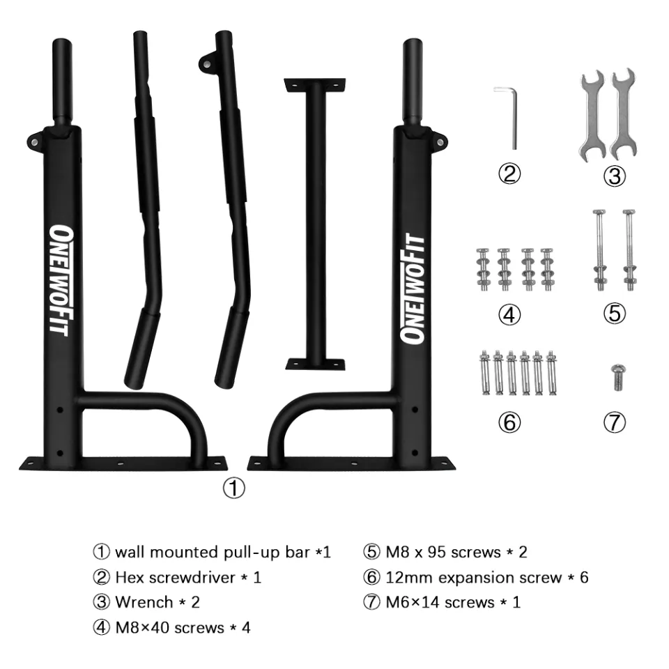 OneTwoFit Wall Mounted Pull Up Bar with More Stable 6-hole design