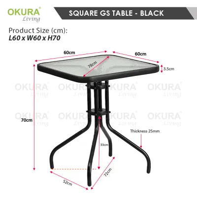 OKURA Square Outdoor Table Tempered Glass Steel Frame Dining Garden Table Furniture Meja Outdoor