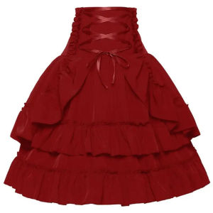 Gothic Black Lolita Medieval Steampunk High Waist Women Skirts Lace Trim Puff Layer Ruffles Burlesque Corset Dress