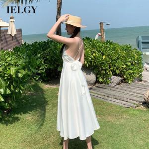 IELGY Womans clothes white casual suspenders vacation All-match long seaside dress retro