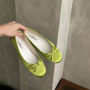 Blue Ballet Style Flat Shoes For Women 2026 Summer New Satin Bow Round-Toe Flat Loafers