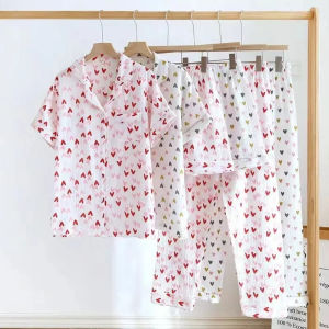 2026 Womens Summer Cotton Yarn Pajamas Short-sleeved Shorts Trousers Three-piece Set Love Print Turn-down Collar Loose Loungewear