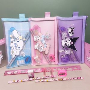 7pcs/set Kawaii Sanrio Kuromi My Melody Cinnamoroll Stationery Set Gel Pencil Folding Ruler Eraser Pencil Children Stationery School Supplies Boys Girls Gift