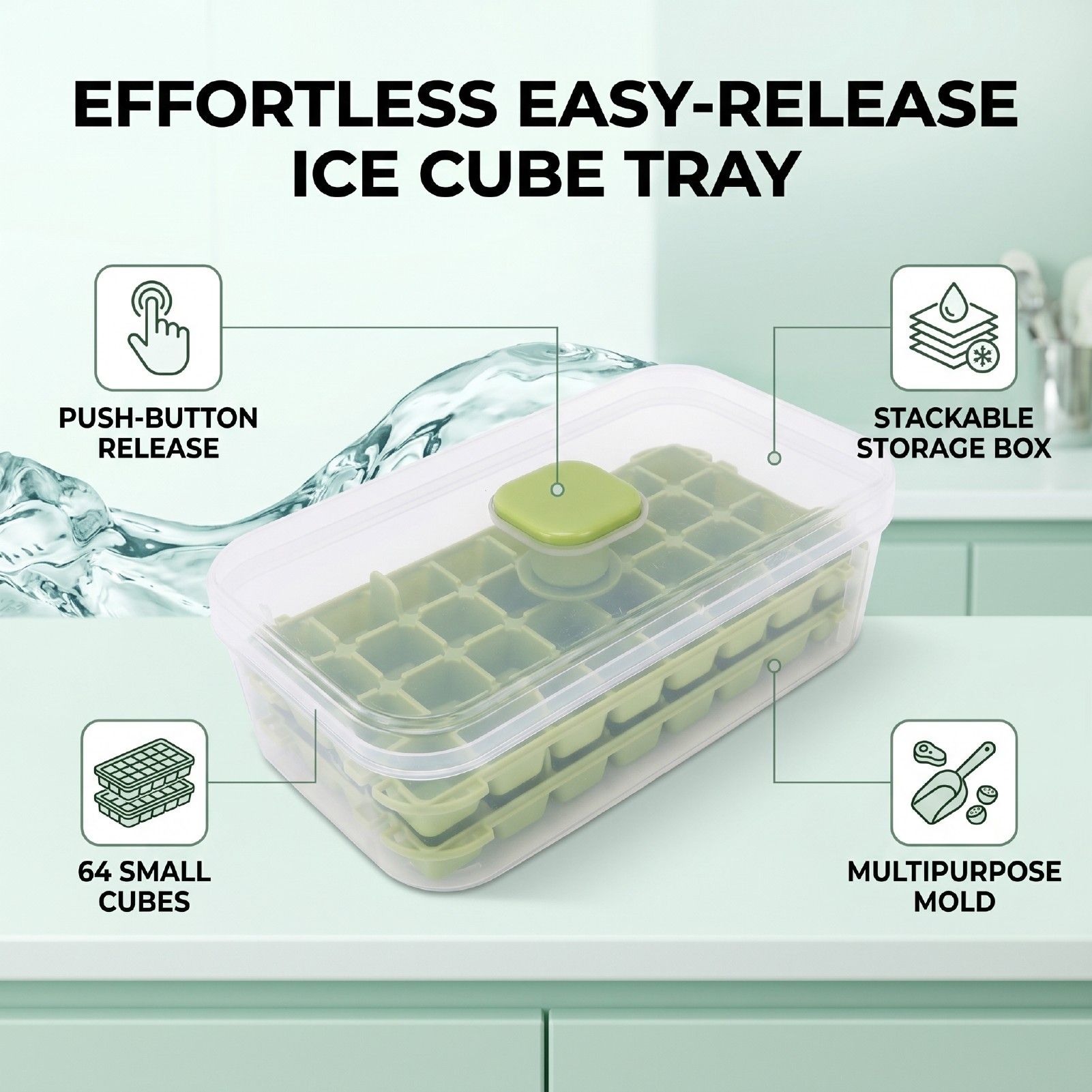 EECOO Aqur2020 Push Button Silicone Ice Cube Tray with Lid and Storage ...