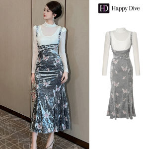 Happy Diva เดรสผู้หญิง เดรสสีเงิน เดรสหางปลา เดรสกำมะหยี่ เดรสทำงาน เดรสไฮโซ เดรสวินเทจ เดรสออกงาน เดรสปาร์ตี้ ชุดราตรี 65256