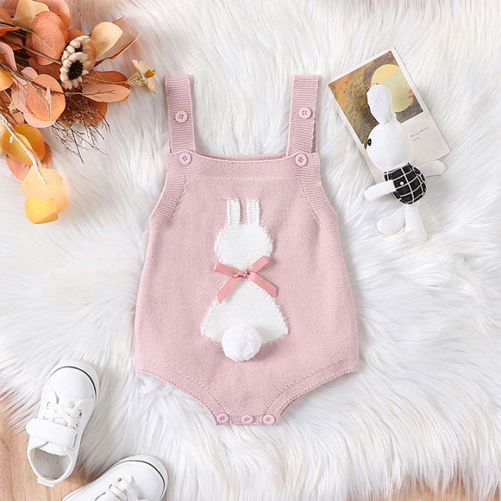 Baby Girls Easter Overalls Sleeveless Bunny Print Bow Rompers
