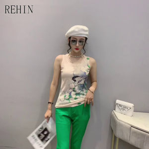 Rehin Áo thun không tay in dập vàng mẫu hình độc đáo cho nữ áo lót ôm vừa S-3XL 2023 mùa hè mới Áo Tank
