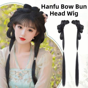 HUNIU 2Pcs Tích hợp Tóc giả búi nơ Hanfu Tổng hợp Phong Cách Cổ Đại Tóc nối đuôi ngựa thẳng dài Cổ điển Tự nhiên Tóc búi kiểu Hán phục Trung Quốc Phụ nữ
