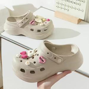 [Free Shipping] Thick-Soled High-Heeled Sandals For Women Perforated Shoes For Outdoor Wear Slip-On Beach Sandals Home Slippers WomenS Closed-Toe Slippers