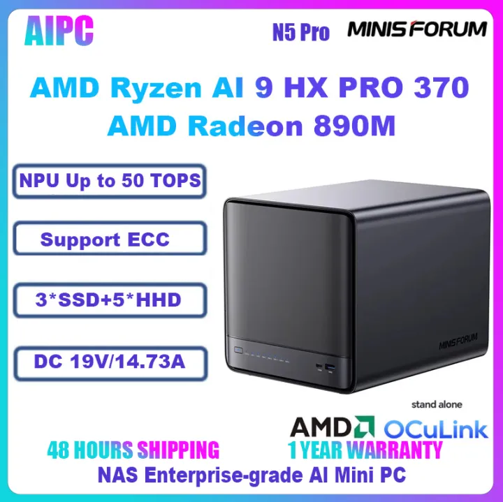 Minisforum N5 PRO AMD Ryzen AI 9 HX PRO 370 MINI PC Enterprise NAS MINI PC Support ECC RAM Compact Data Storage Server