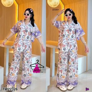 S22326 Set 3 ชิ้น เสื้อปกฮาวาย + กางเกงขายาว กับสายผูกโบว์