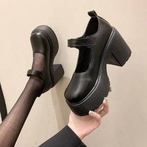 Free Shipping New Style Of Shiny High-Heeled Small Leather Shoes Black With A Chunky Heel And Thick Sole Versatile And Retro Low-Top WomenS Shoes