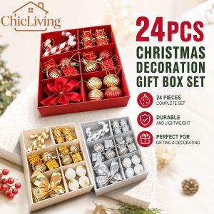 ChicLiving 24Pcs Christmas Ornaments Gift Set Christmas Balls Ornaments Xmas Tree Decoration Candy Cane Bow Pendant