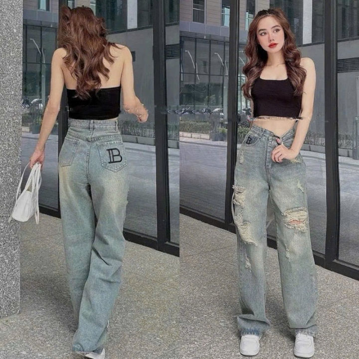 Quần Jean Ống Suông Thêu Chữ B Rách Gối Cá Tính - Quần Bò Ống Rộng Lên ...