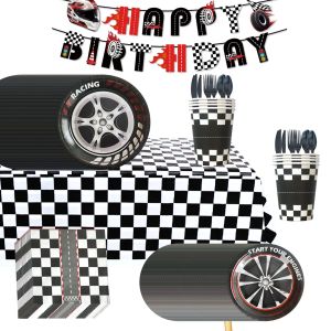 ธีมยางรถแข่ง เครื่องใช้บนโต๊ะอาหารปาร์ตี้ รถสปอร์ต ตกแต่งวันเกิดเด็ก จานใช้แล้วทิ้ง ถ้วยกระดาษ ชุดผ้าขนหนูกระดาษ