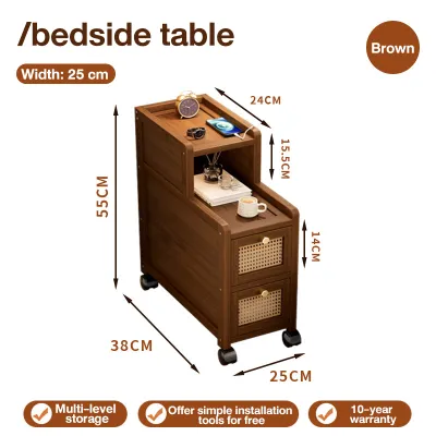 Brown Bamboo Bedside Table With Semi-open Storage Space And Two Drawers Neat And Organized Equipped With Wheels For Easy Movement